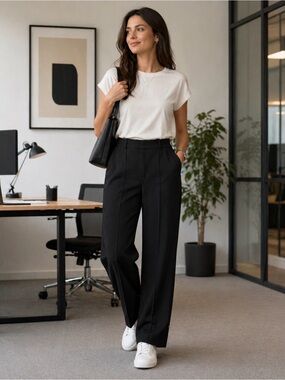 Jones & Co Black high-waisted stretchy wide leg trousers Size 8